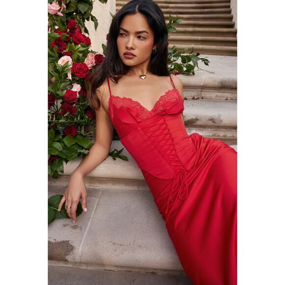 House of CB Women's Salma Red Rose Satin Slip‎ Dress Lace Trim Size XS Romantic - Picture 7 of 7